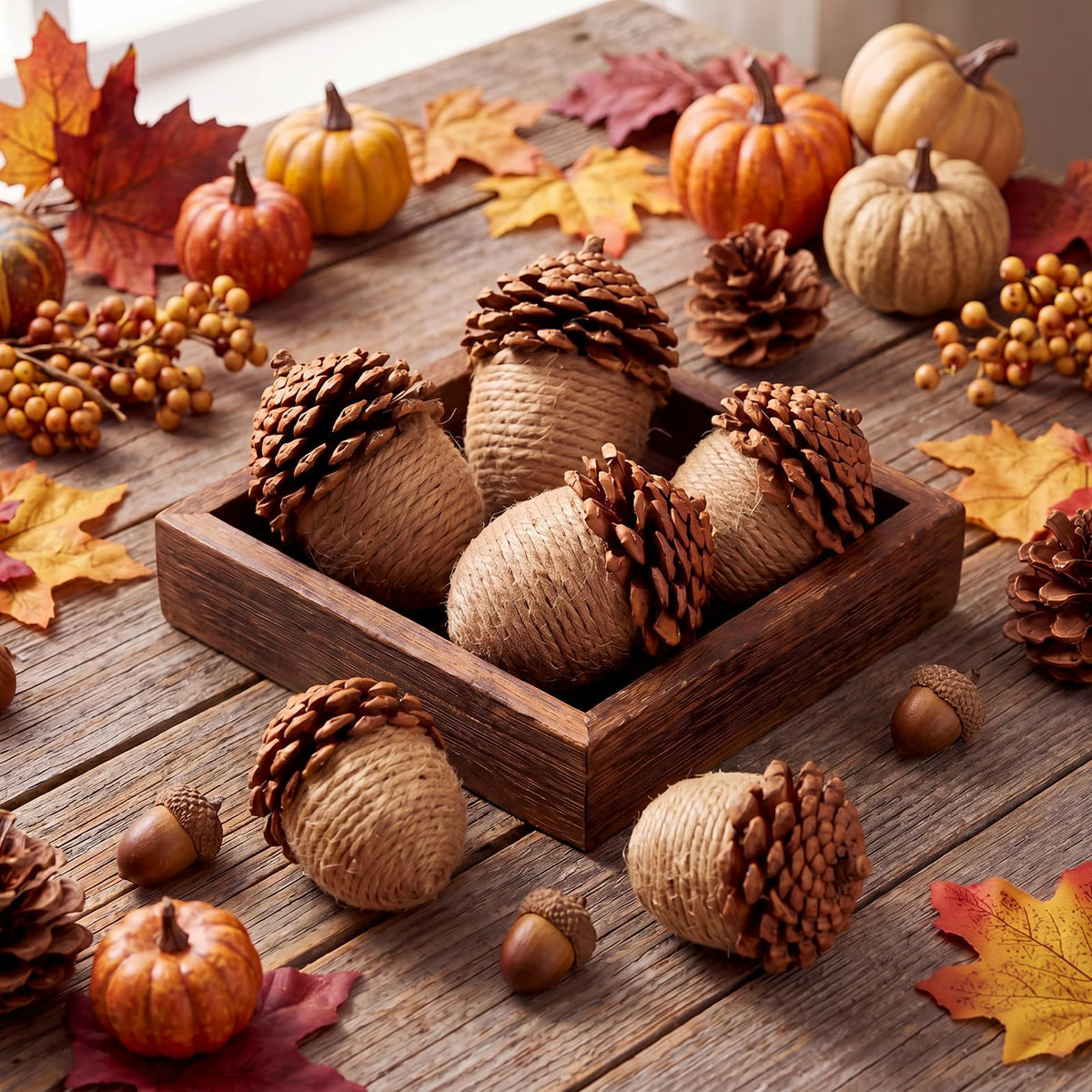 RattanView Jute Acorn Ornaments, Set of 6, Yellow and Brown