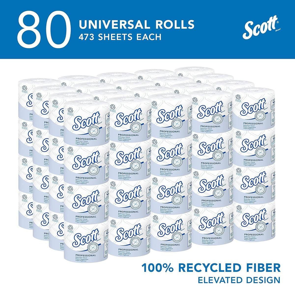 Kimberly-Clark Professional 100% Recycled Fiber Roll Bathroom Tissue- 550 Sheets/Roll | 80/Carton by Scott – 473 sheet (Pack of 80), Paper, White, Pack of 80, Model 13217