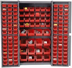 Global Industrial Deep Door Bin Cabinet, Includes 136 Red Plastic Bins