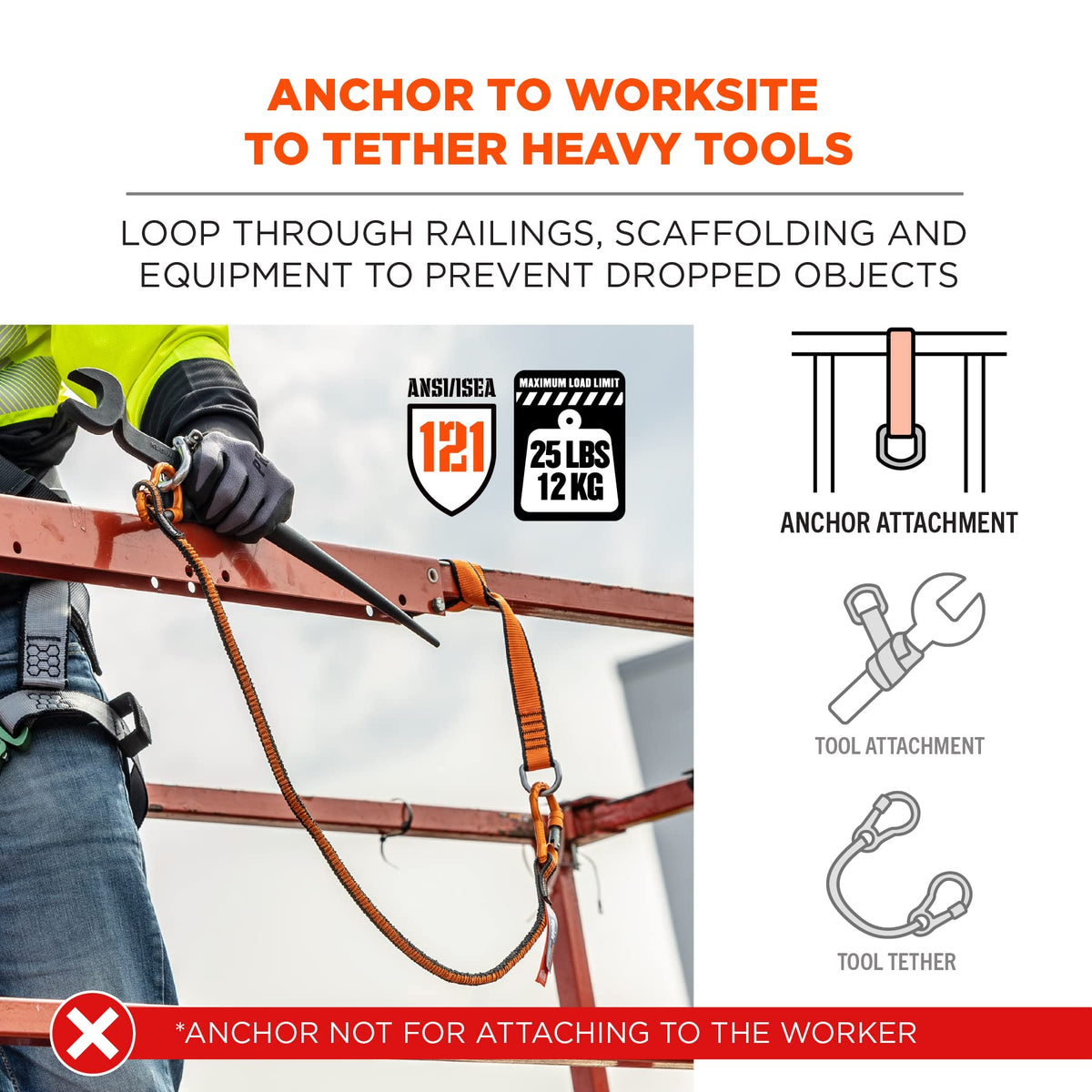 Squids 3174 Tool Tethering Cross Arm Anchor Strap by Ergodyne – Polyester, Orange, Model 19174