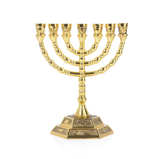 BRTAGG 12 Tribes Menorah, 7 Branch Candle Holder, Gold 5 Inches