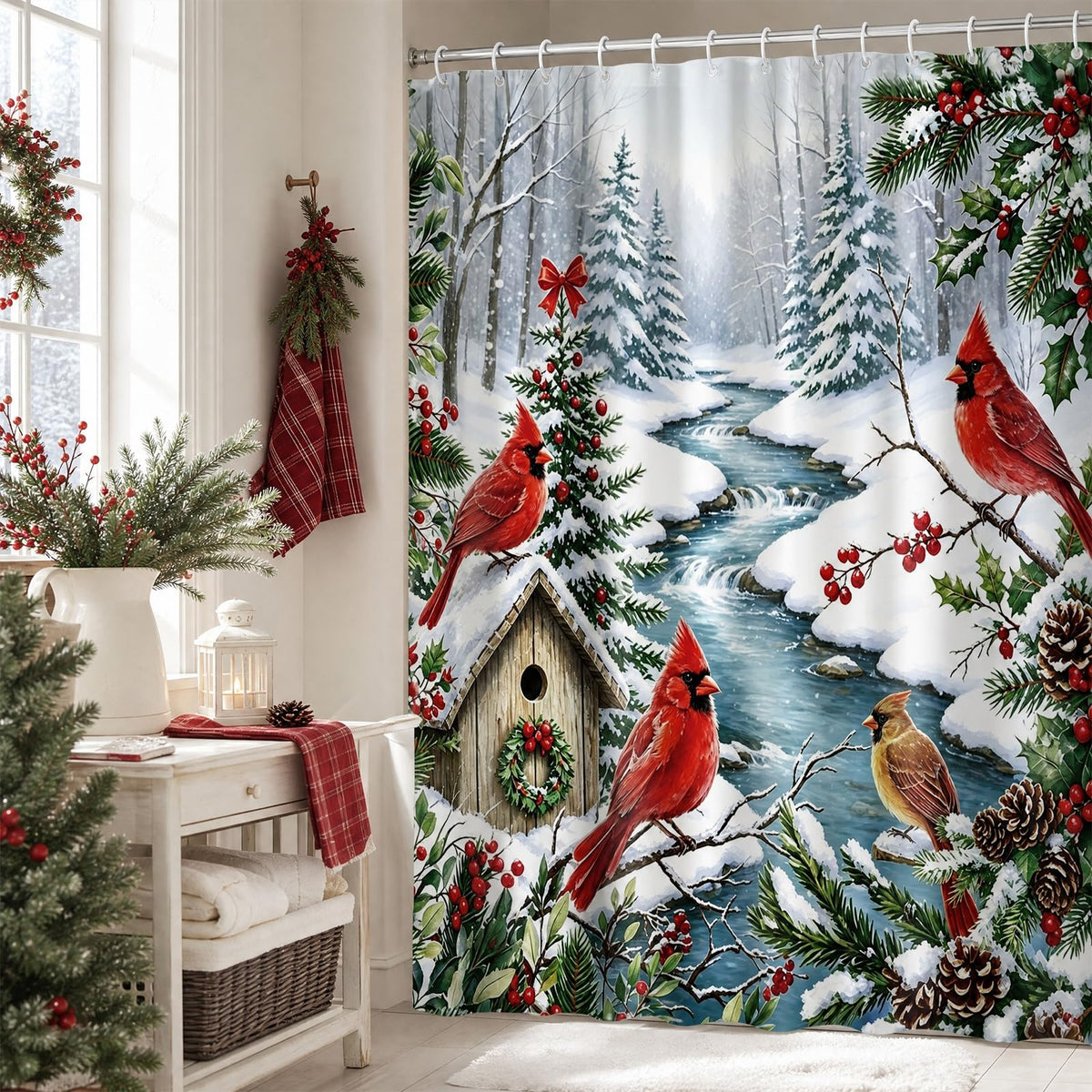 Visstree Shower Curtain, Red Cardinal Winter Scene, 71x71 Inch