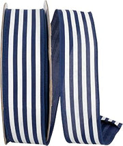 Reliant Ribbon Striped Linen Value Wired Edge, Navy/White, 2-1/2 Inch, 50 Yards