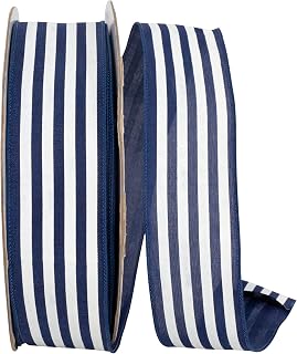 Reliant Ribbon Striped Linen Value Wired Edge, Navy/White, 2-1/2 Inch, 50 Yards