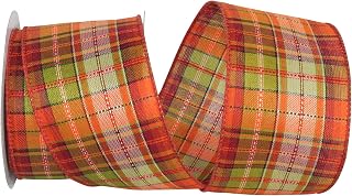 Reliant Ribbon Field Plaid Stitch Value Wired Edge Ribbon, 2-1/2 Inch X 10 Yards, Orange/green