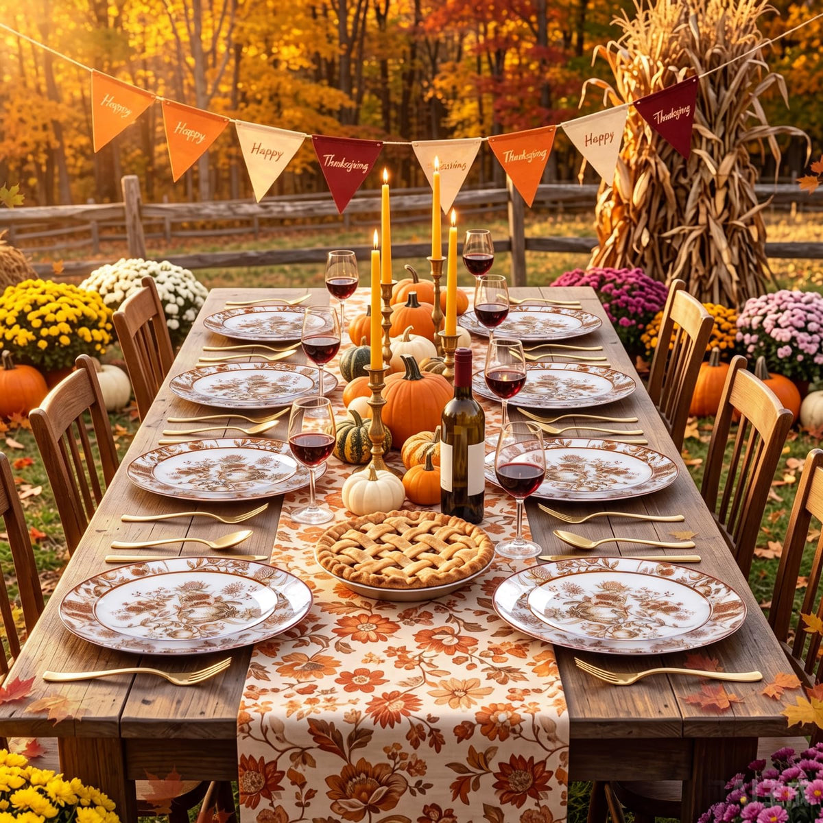 Joyido Thanksgiving Plastic Plates, Pomegranate Design, 125 Piece Set