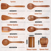 Mooues Teak Wooden Utensil Set, 9 Piece Natural Wood with Holder and Rest