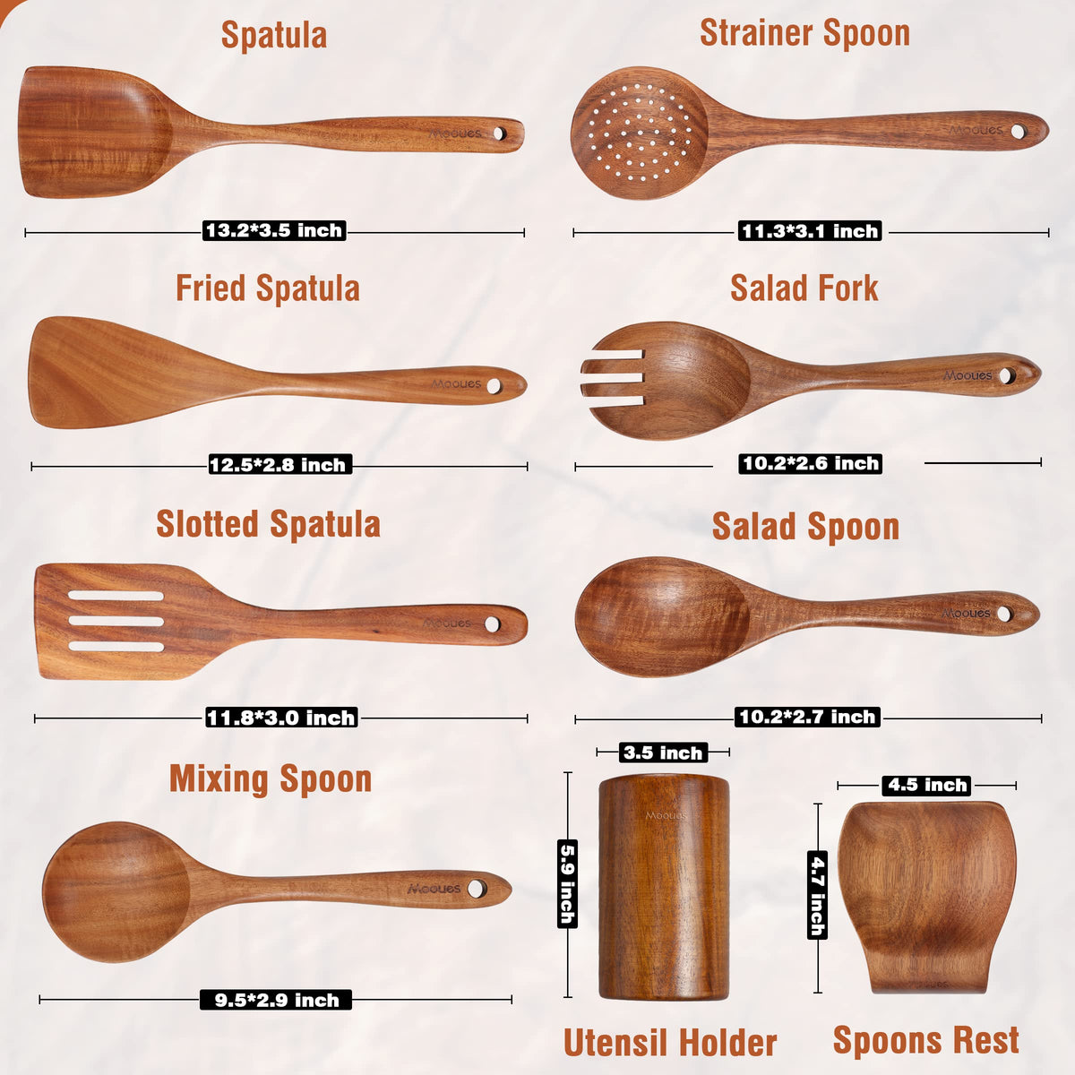 Mooues Teak Wooden Utensil Set, 9 Piece Natural Wood with Holder and Rest