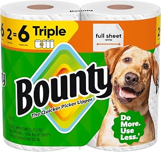 Bounty Full Sheet Paper Towels, White, 2 Triple Rolls : 6 Regular Rolls (Packaging May Vary) (Pack of 12)