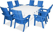 Polywood Modern Curveback Adirondack 9-Piece Farmhouse Trestle Dining Set in Pacific Blue/White