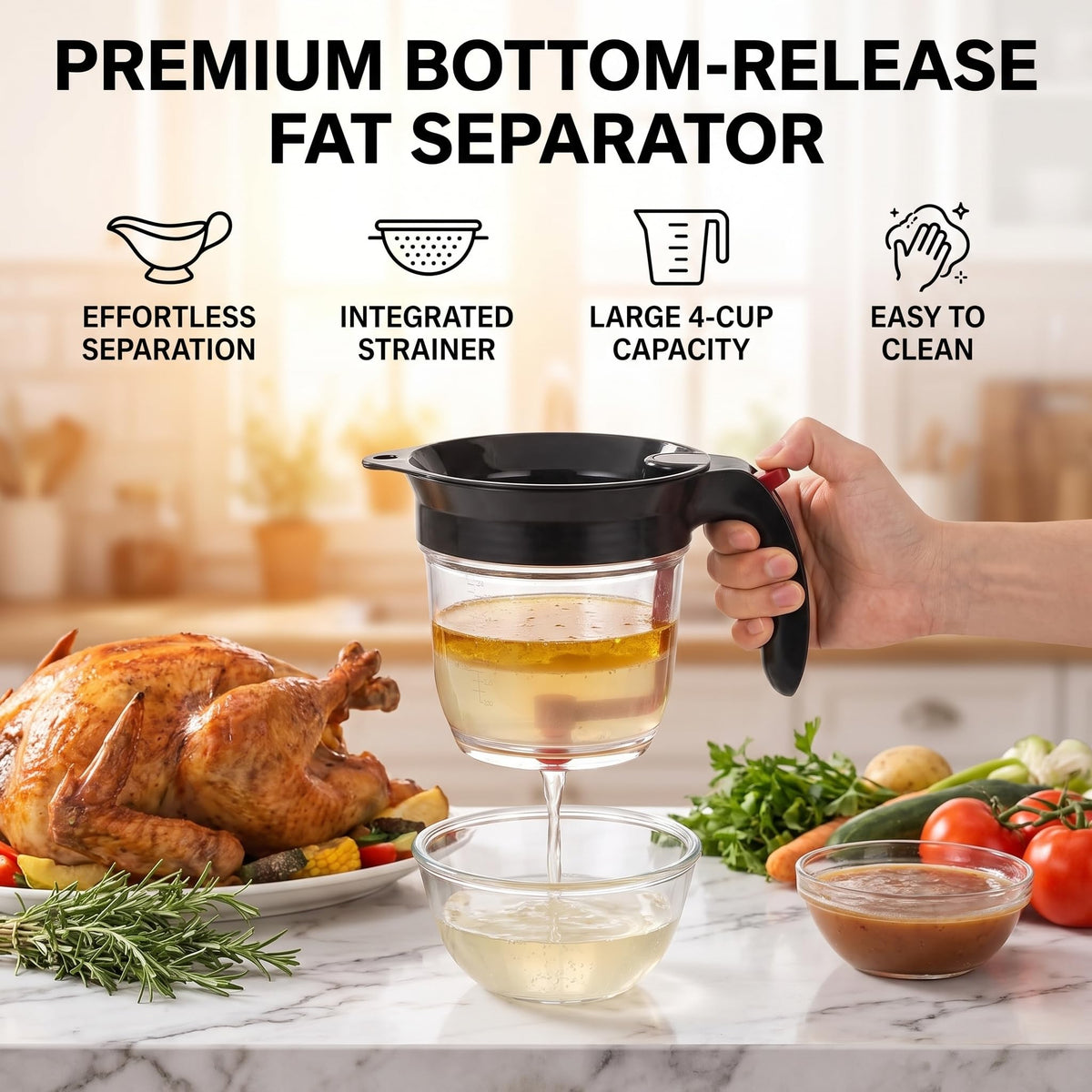 Sumteene Fat Separator, 4 Cup 32oz Capacity, Black