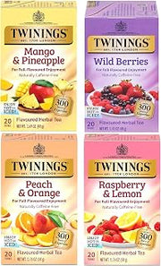 Twinings Herbal Variety Sampler Pack, 20 Count (Pack of 4). Includes Raspberry & Lemon, Mango & Pineapple, Wild Berries and Peach & Orange. Refreshing & Fruity, Naturally Caffeine- Free, 80 Individually Wrapped Tea Bags.