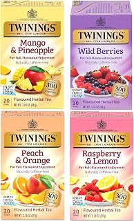 Twinings Herbal Variety Sampler Pack, 20 Count (Pack of 4). Includes Raspberry & Lemon, Mango & Pineapple, Wild Berries and Peach & Orange. Refreshing & Fruity, Naturally Caffeine- Free, 80 Individually Wrapped Tea Bags.