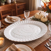 Yungyan Carved Turkey Platter, Ceramic Scalloped, 18 Inch White