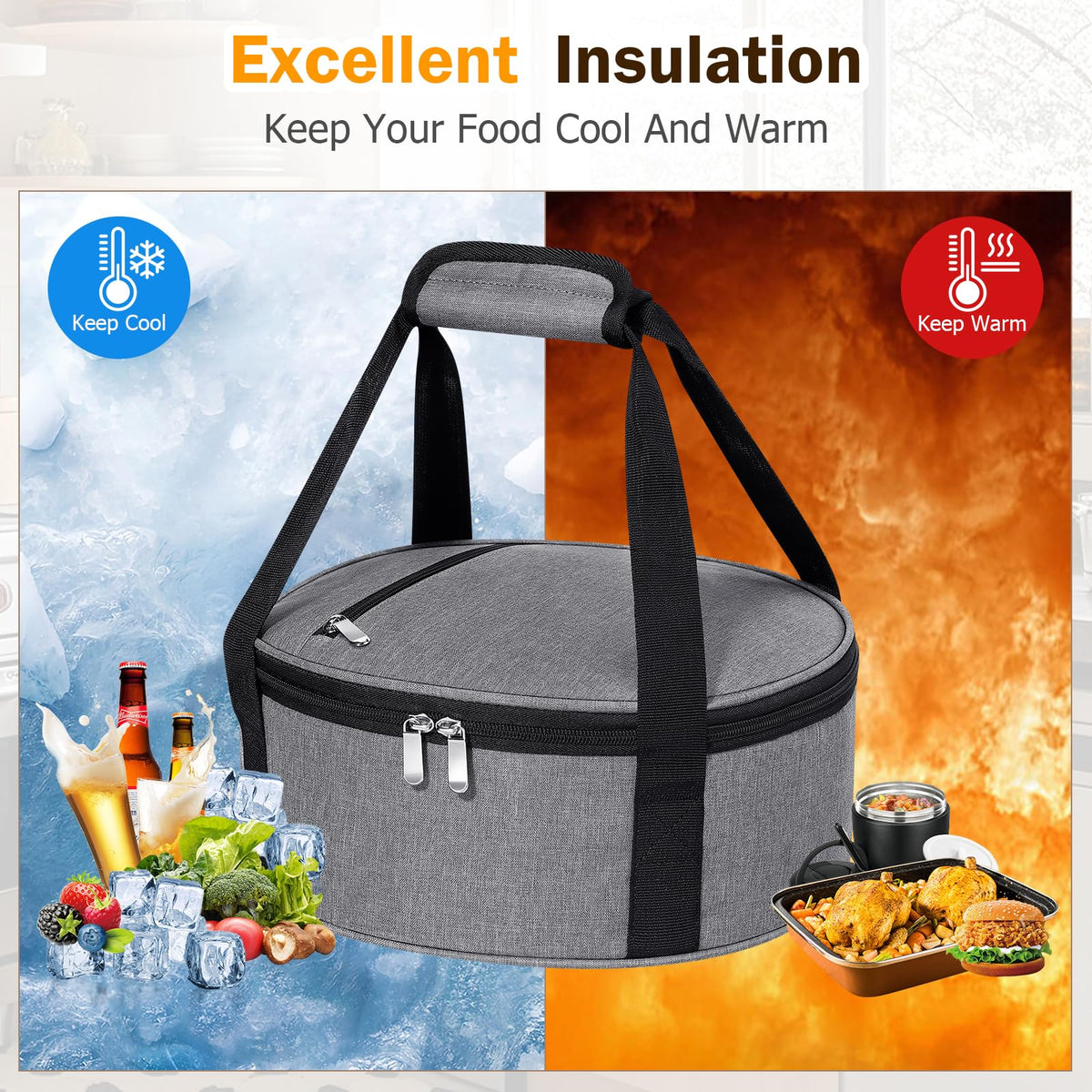 MIAOJIE Insulated Round Food Carrier, Single Layer, Gray