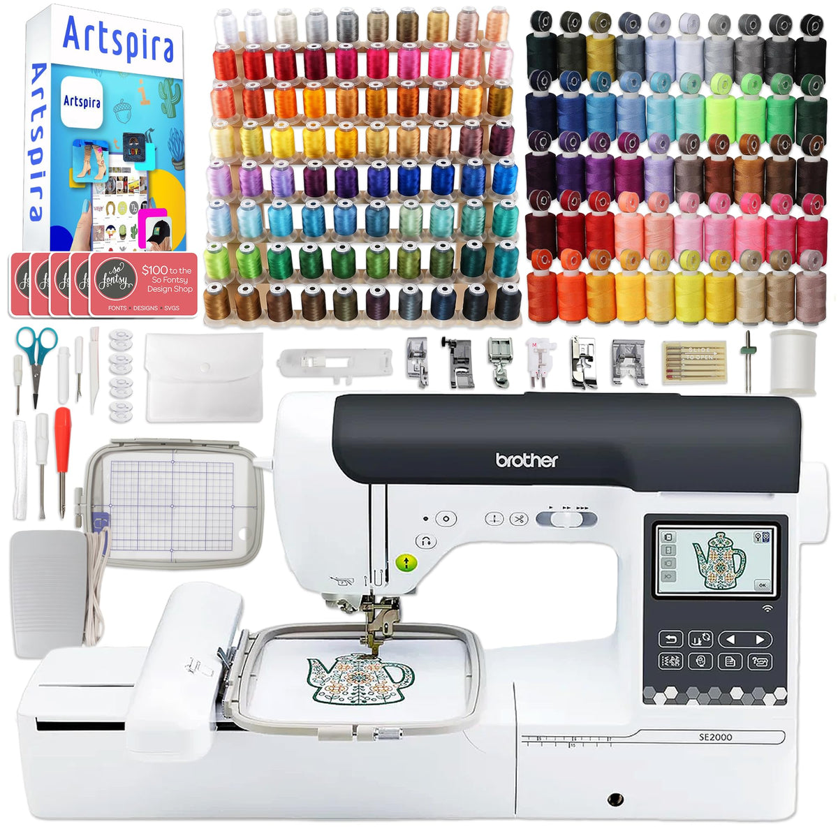 SE2000 5" x 7" Combo Embroidery & Sewing Machine with Deluxe 130 Thread Spools & Accessories by Brother – 5" x 7", Metal, White, Model SE2000BDL4