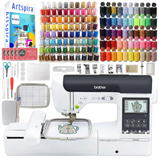 SE2000 5" x 7" Combo Embroidery & Sewing Machine with Deluxe 130 Thread Spools & Accessories by Brother – 5" x 7", Metal, White, Model SE2000BDL4