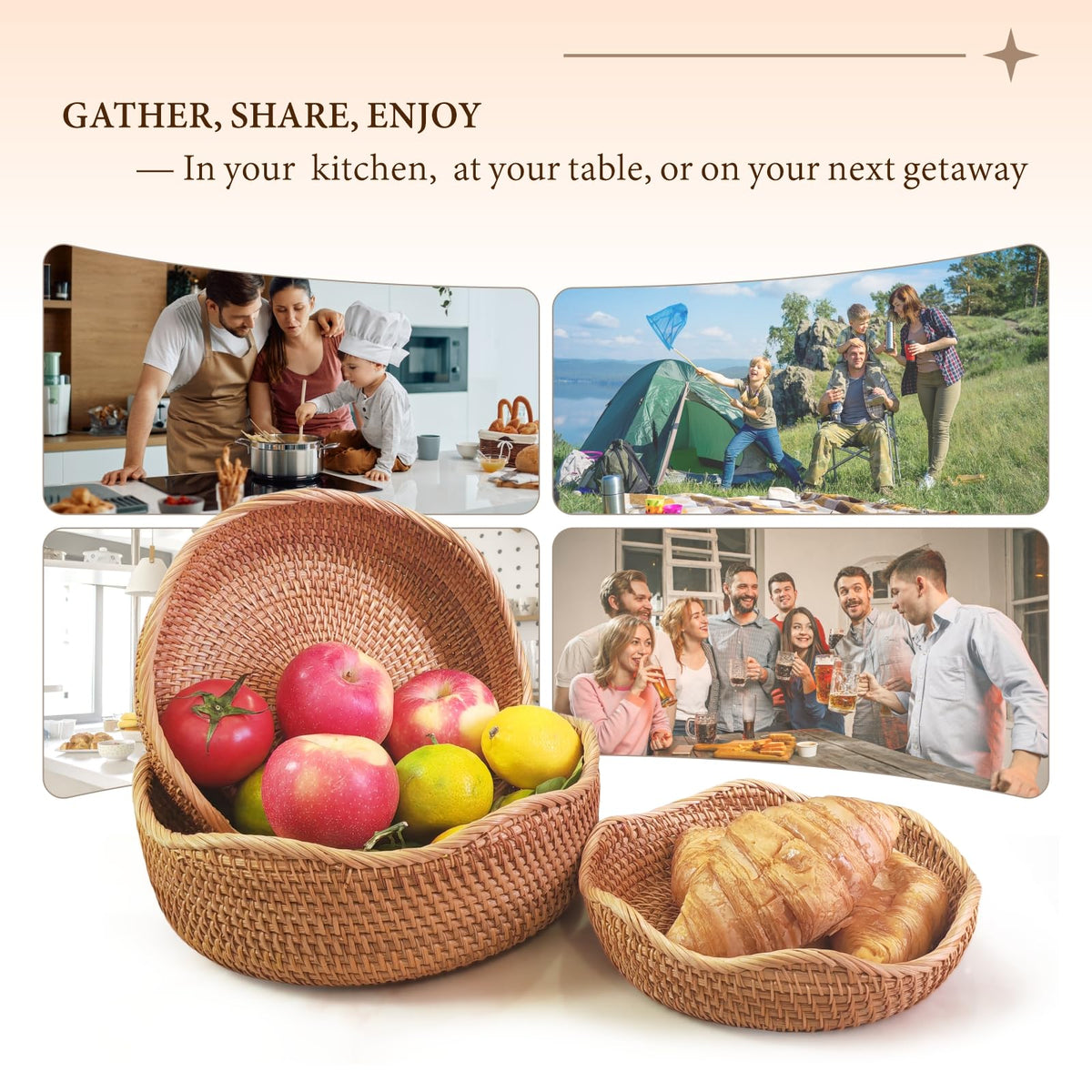 Oavostd Rattan Fruit Basket, Handwoven Wave Set, Natural