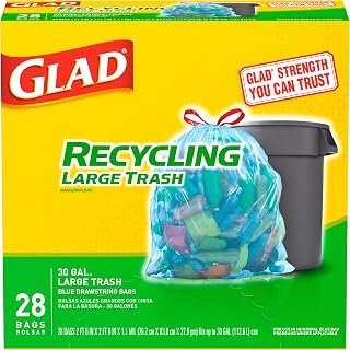 Glad Trash Bags, Large Drawstring Garbage Bags, 30 Gallon Blue Trash Bags for Large Kitchen Trash Can or Recycling, 28 Count - Packaging May Vary