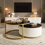 Coffee Table for Living Room Mesa de Centro Nesting Fluted 31.5in | MDF top and metal base nesting coffee table set with fluted design and storage drawer, ideal for living room.