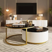 Coffee Table for Living Room Mesa de Centro Nesting Fluted 31.5in | MDF top and metal base nesting coffee table set with fluted design and storage drawer, ideal for living room.