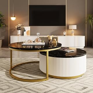 Coffee Table for Living Room Mesa de Centro Nesting Fluted 31.5in | MDF top and metal base nesting coffee table set with fluted design and storage drawer, ideal for living room.