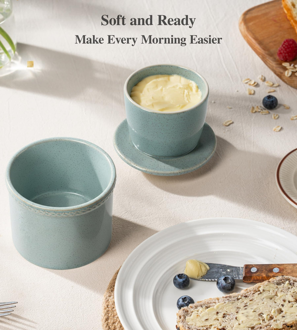 Jersinwei Butter Crock with Lid, Ceramic Water Seal Design, Speckled Blue, 8 oz