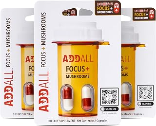 Addall Focus + Mushrooms Memory Supplement (3 Pack) #1 Effective Alternative Brain Supplement Substitute Pills Nootropic & Energy | No Crash | Science Backed Formula | 6 Capsules