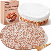 Romooa Bread Warmer Basket with Terracotta Stone, Wicker Serving Set, Wood Color and Red