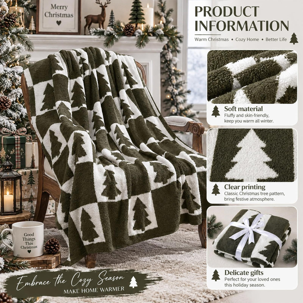 Buryeah Knit Throw Blanket, Olive Green Christmas Tree, 50x60 Inches
