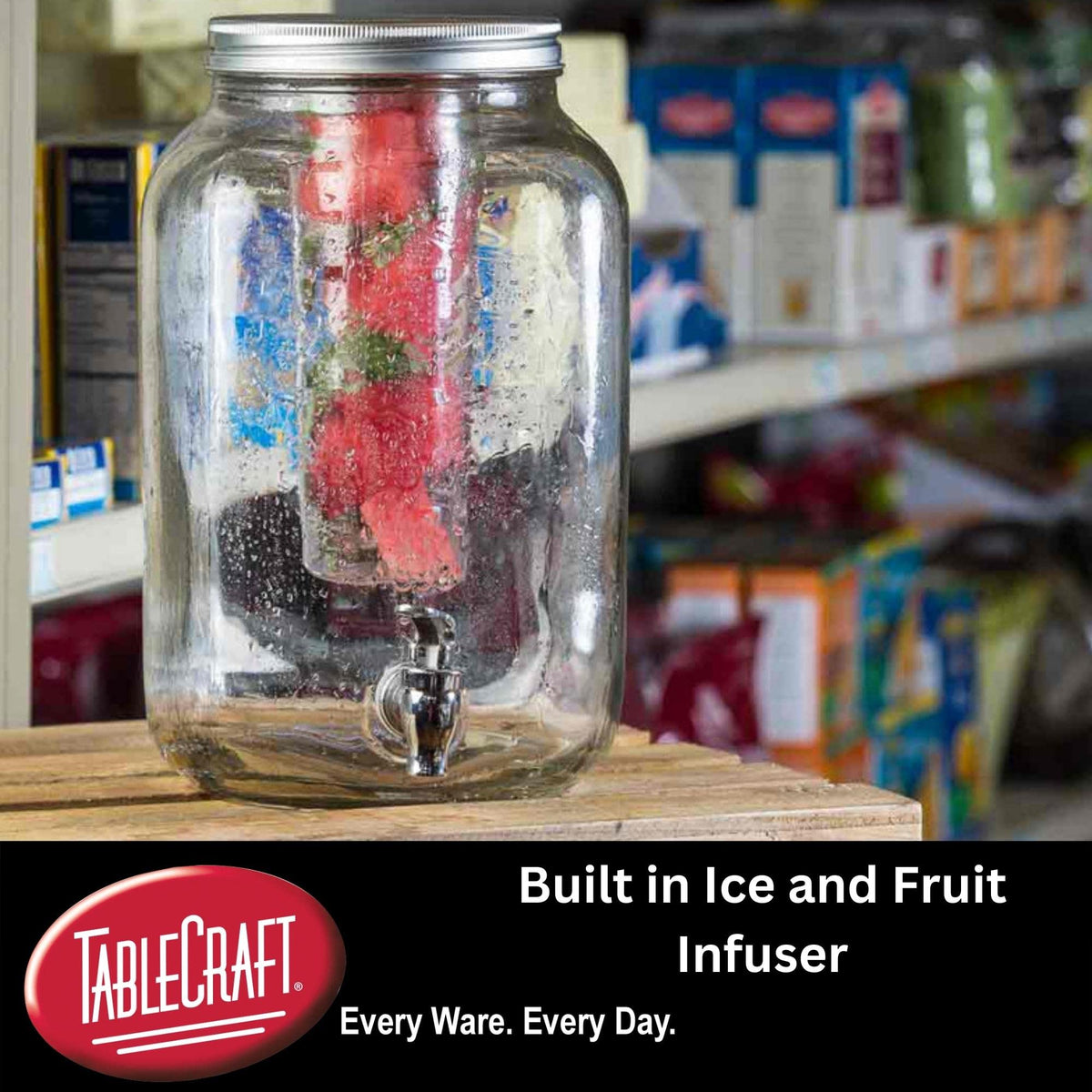 2 Gallon Mason Jar Glass Beverage Dispenser, 7.75" x 10.25" x 12.25", Includes Chrome Plated Faucet, Ice Corer, Infuser, Black Chalkboard Necklace, Ideal for Parties by Tablecraft