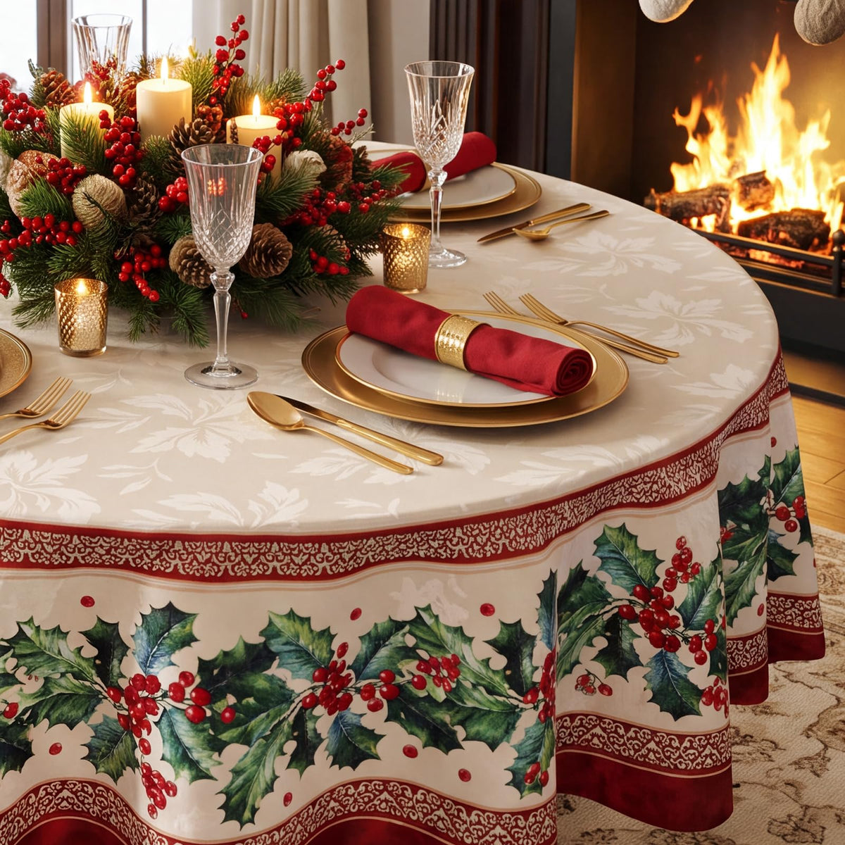 Softalker Christmas Jacquard Tablecloth, 70 Inch Round, Holly