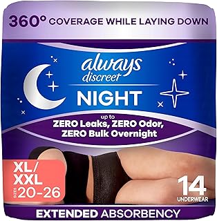 Always Discreet Night, Reimagined Adult Diapers for Women, Extended Overnight Absorbency Incontinence and Postpartum Underwear Size XL/XXL, 360 Degree Coverage While Laying Down, 14 Count​