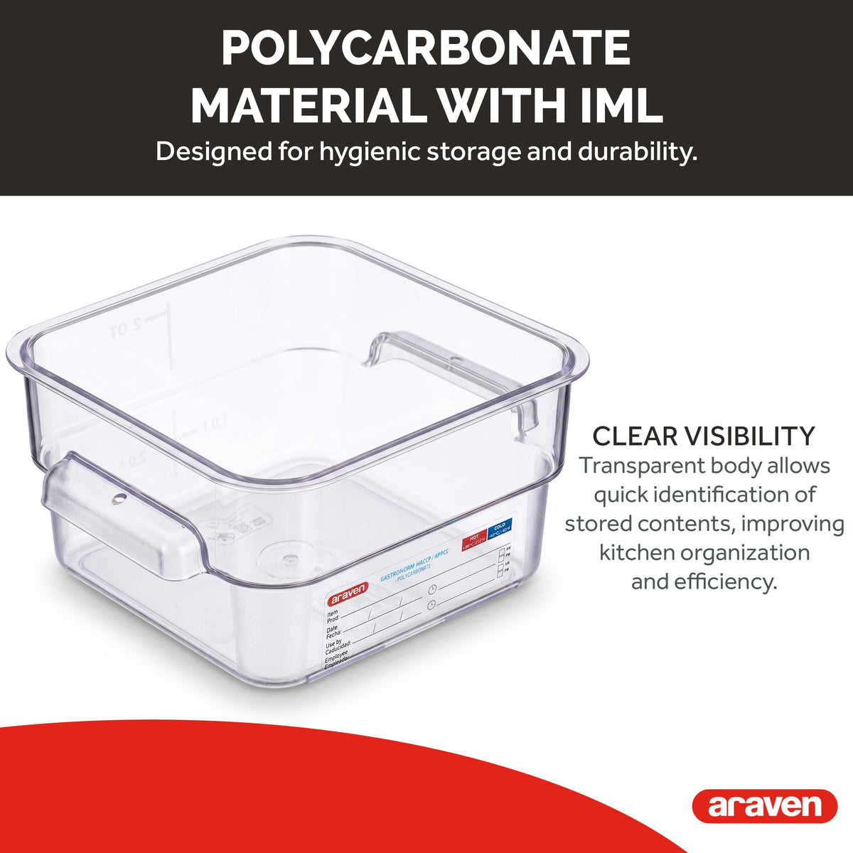 Polycarbonate Square Food Container by Araven – 2 qt, 0.68 cubic_feet, Polycarbonate (PC), Clear, Model 91900