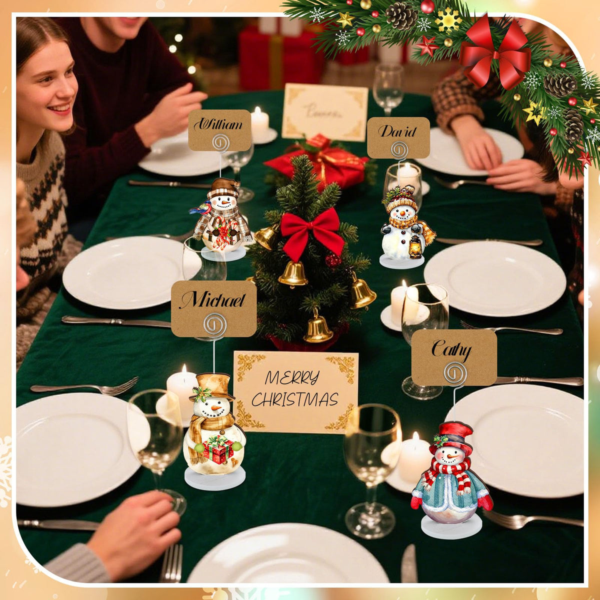 Yookeer Snowman Wood Place Card Holders, 24 Sets with Kraft Cards, Multicolor