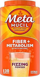 Metamucil Fizzy Fiber Supplement + Metabolism, Plant Based Psyllium Fiber Powder with B12 for Metabolism of Fats and Proteins, Daily Supplement for Regularity, Citrus Flavored Sugar-Free, 130 Serving