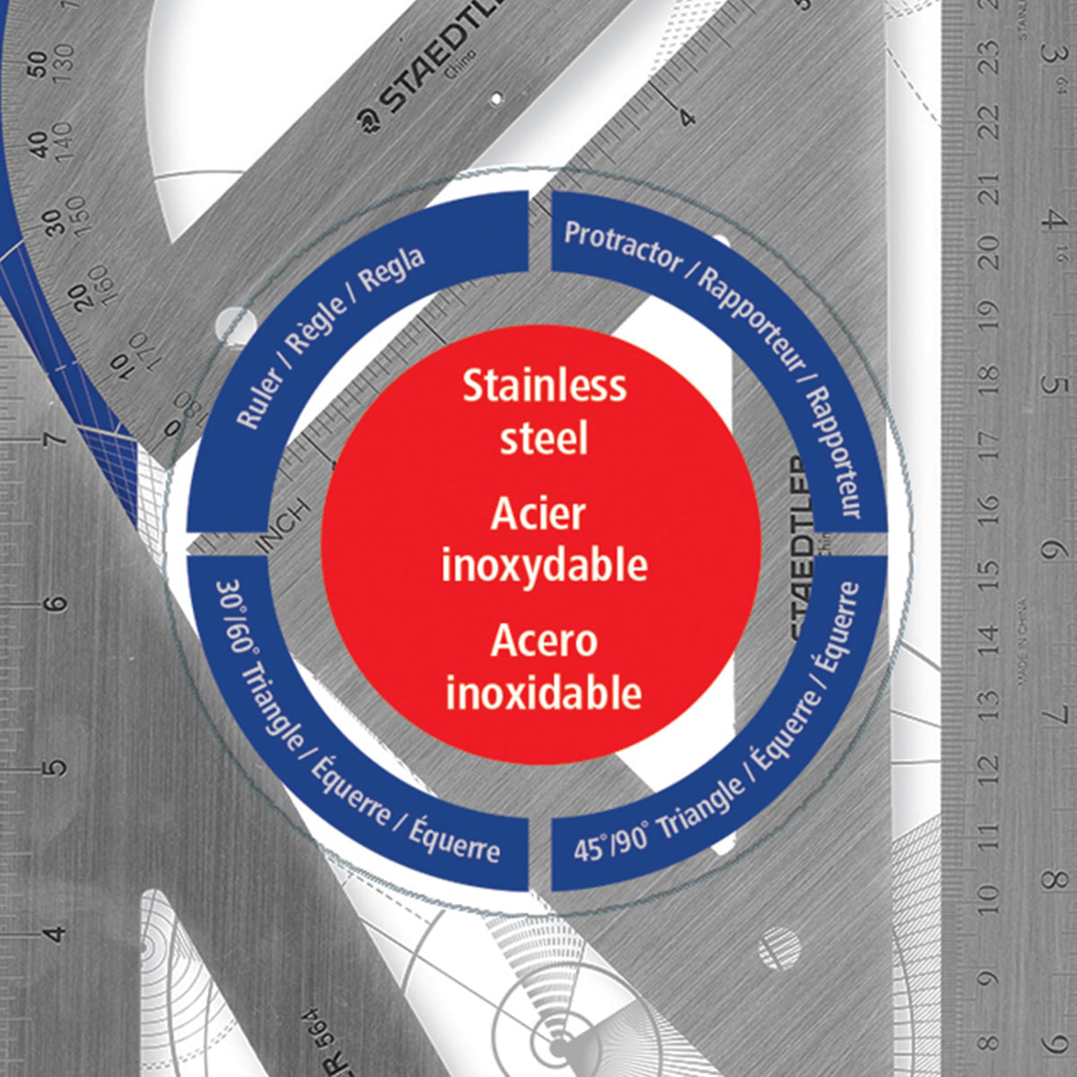 Stainless Steel Math Set - With 12in Ruler by STAEDTLER – Pack of 1, Stainless Steel, Silver,Blue, Model 566 32BK