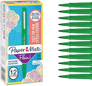 Paper Mate Flair Felt Tip Pens | Medium Point (0.7 mm) Marker Pens | Green Pens | for Writing, Marking, Drawing & Sketching | 12 Count