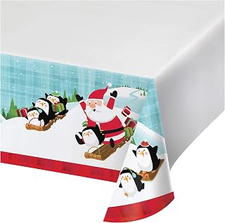 Creative Converting Santa and Penguins Plastic Tablecloth, 54" x 102", Multi-color