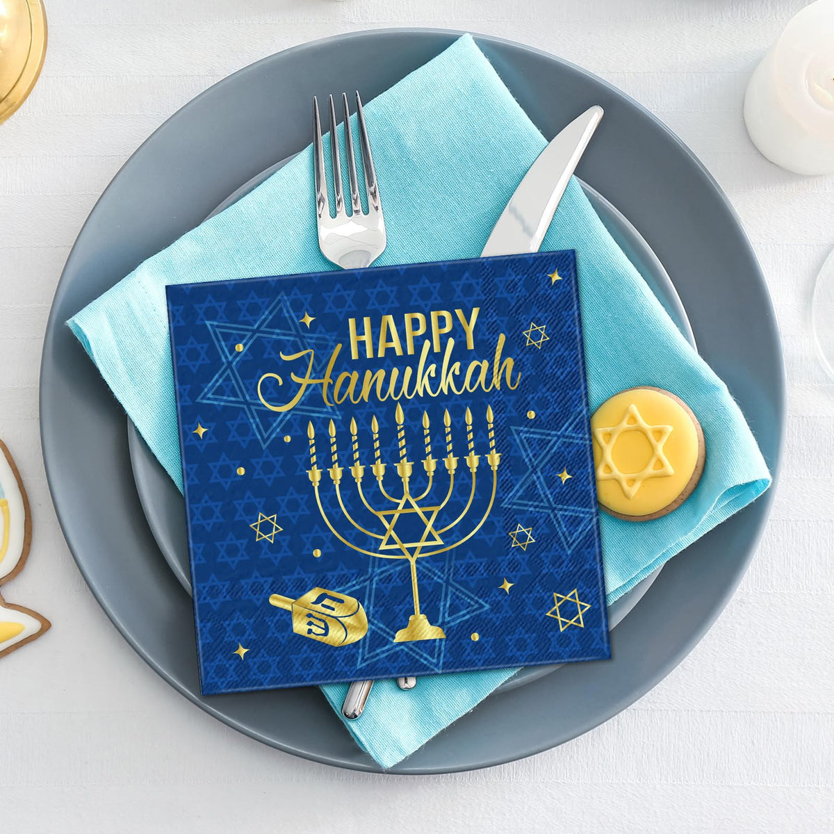 Honoson Hanukkah Napkins, 100 Count Paper Cocktail, Blue Gold