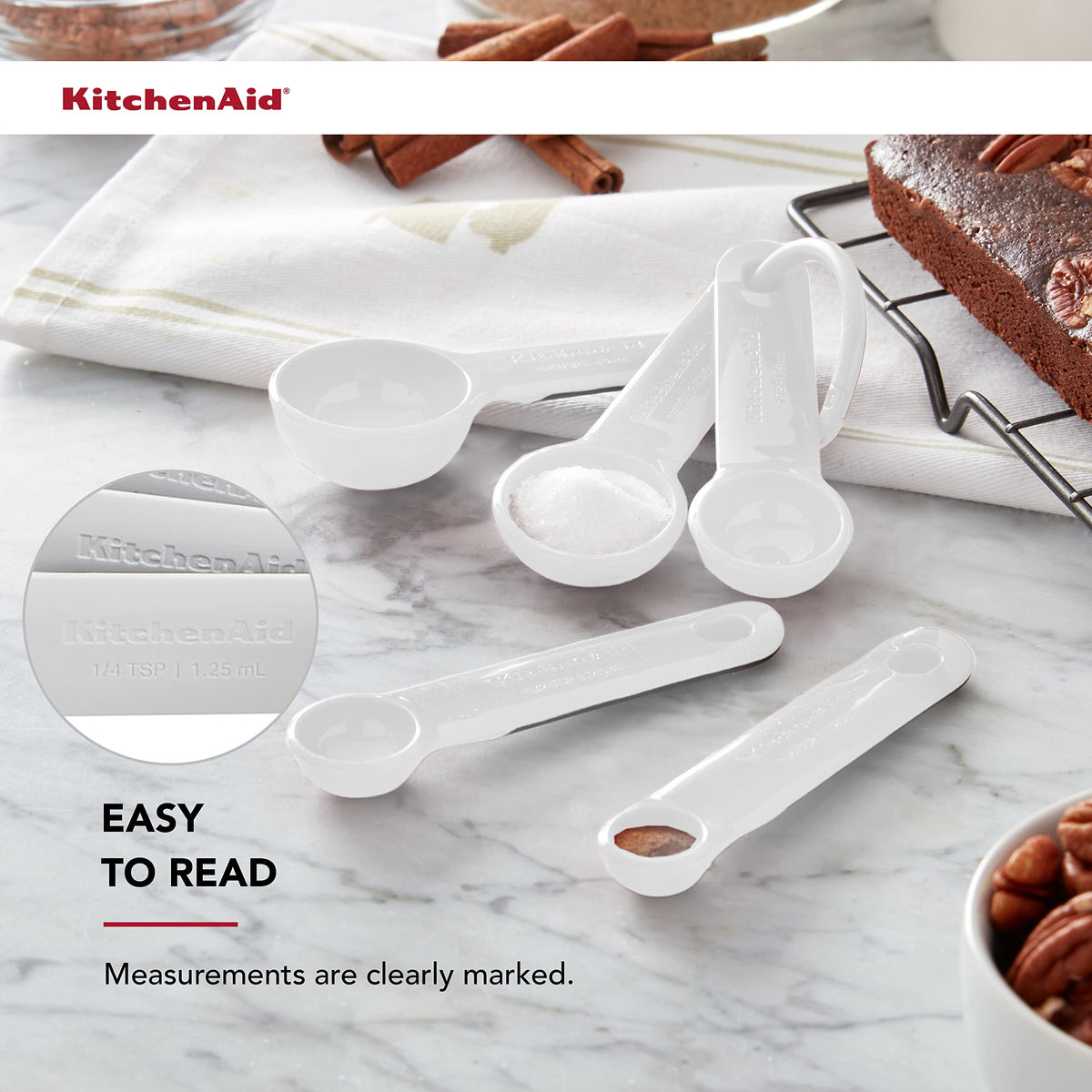 Plastic Measuring Spoons by KitchenAid – Set Of 5, 0.25 ounces, Plastic, White, Model KQ057OHWHA