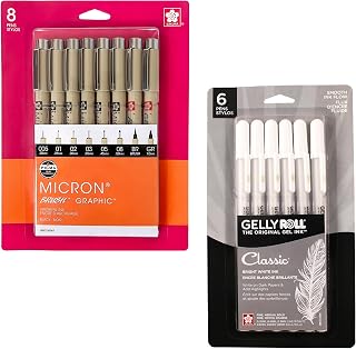 SAKURA Pigma Micron Fineliner Pens - Archival Black - 8 Pack & Gelly Roll Gel Pens - Fine Point - Classic White Ink - Assorted Point Sizes - 6 Pack