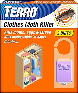 TERRO Clothes Moth Killer, 3-Pack, Kills Adult Moths, Larvae & Eggs | Fast-Acting Odorless Formula, 24 Hour Protection for Closets Wardrobes Drawers Storage Areas, Treats 3 Standard Closets