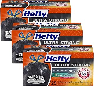 Hefty Ultra Strong Multipurpose Trash Bags, Black Large Flexible Bags with Drawstring, White Pine Breeze Scent, 30 Gallon Bags, 25 CT Bags Per Pack (Pack of 3)