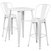 Commercial Grade 23.75" Square White Metal Indoor-Outdoor Bar Table Set with 2 Stools with Backs by Flash Furniture – 40 x 27.75 x 27.75, Metal, White, Model CH-31330B-2-30GB-WH-GG