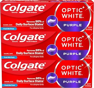 Colgate Optic White Purple Toothpaste for Whitening, Enamel-Safe Mint, 3 Pack, 4.2 oz