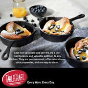 Products Cast Iron Mini Round Skillet 3⅝" Dia (6⅞" with Handle) x 1¼" D by Tablecraft – 4 Inch | 90 ml, 18.0 ounces, Cast Iron, Black, Model CW30122