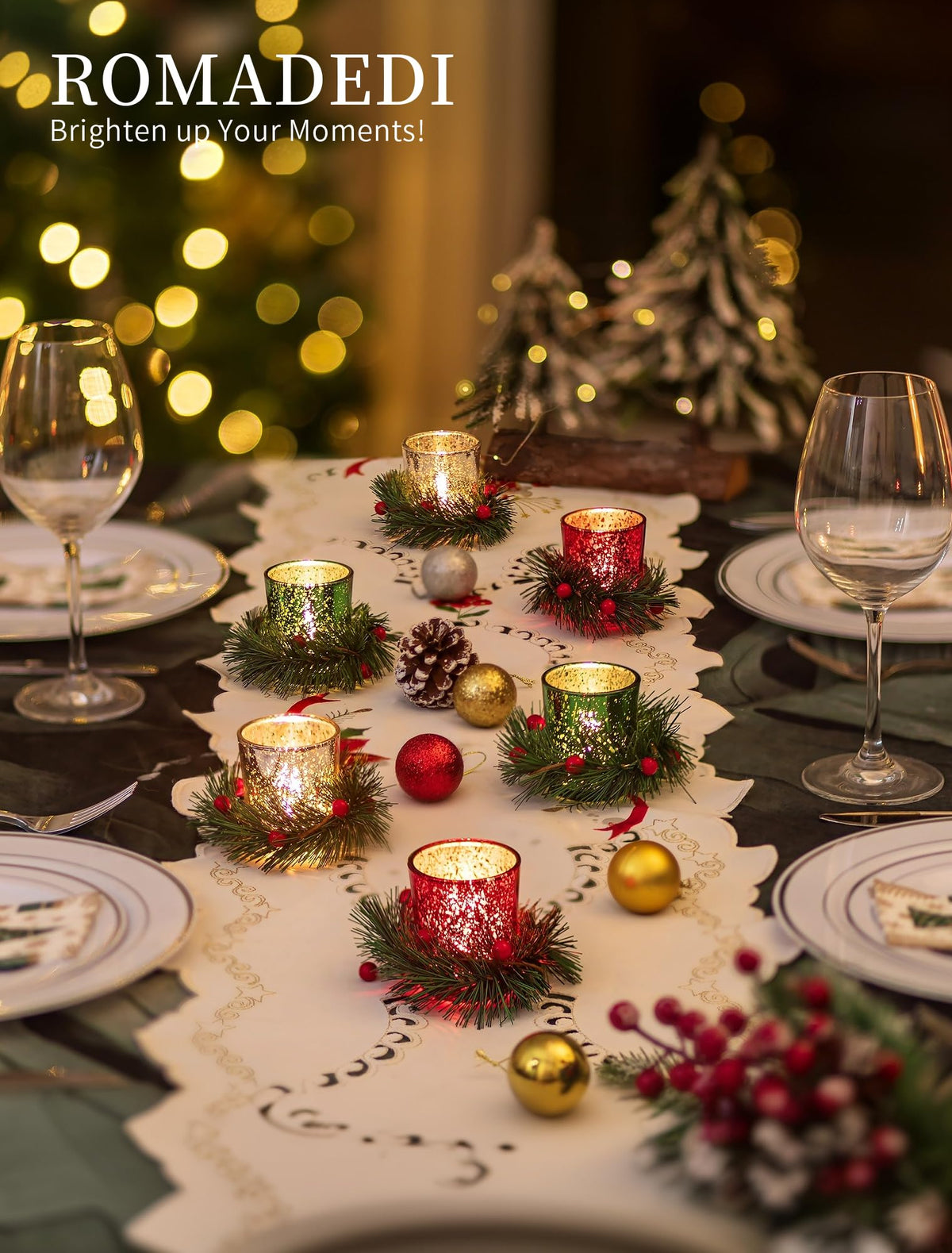 Romadedi Mercury Glass Votive Candle Holder with Wreath, Set of 6, Red Green Silver