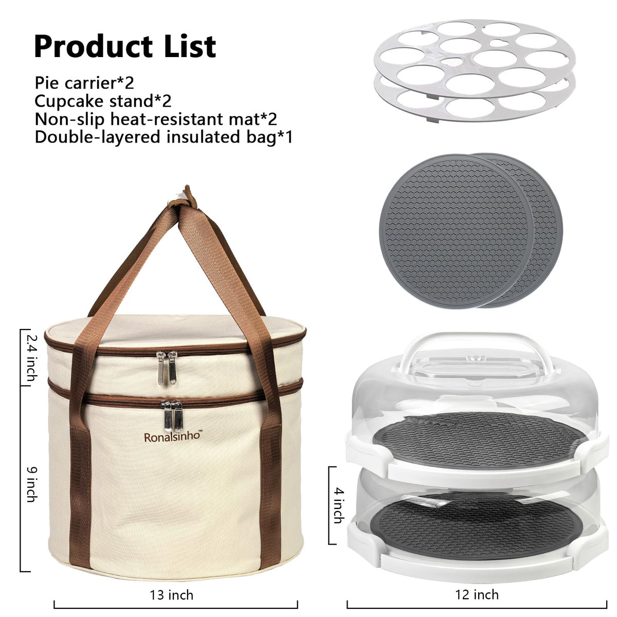 Ronalsinho Pie Carrier Set with Lid and Bag, Holds Two 10-Inch Dishes, Beige