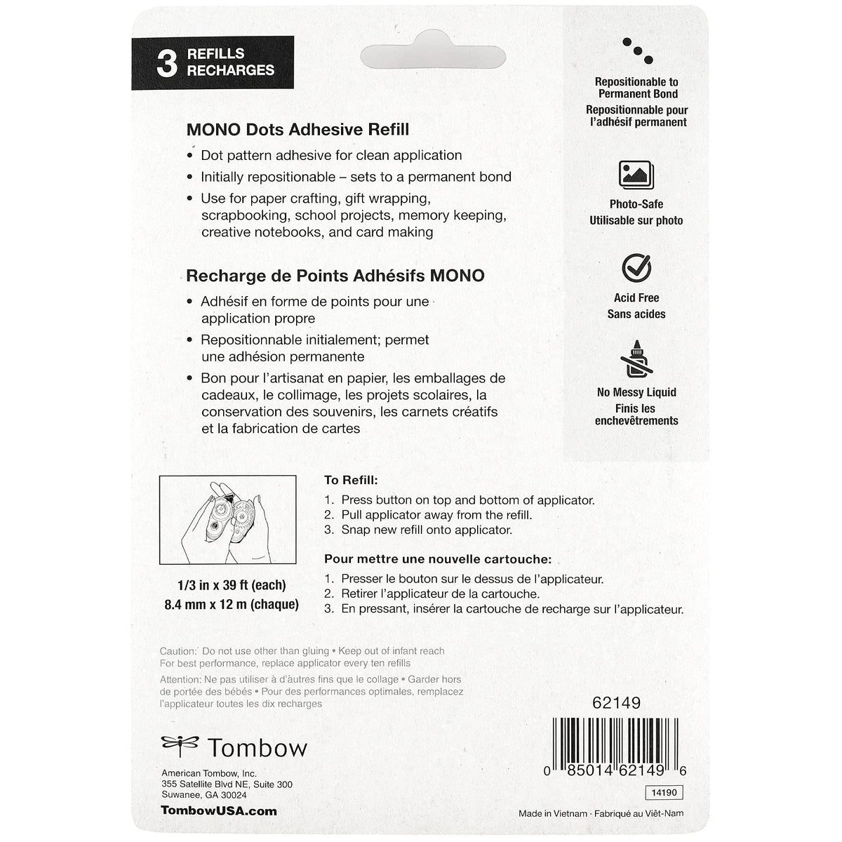 62149 Mono Adhesive Dots Applicator Refills by Tombow – Value Pack, Adhesive, Multicolor, Model AMT62149